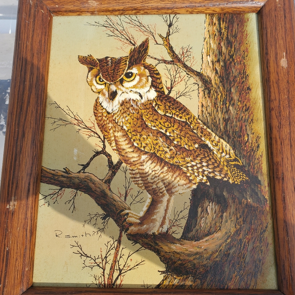 R. Smith vintage Oil owl painting